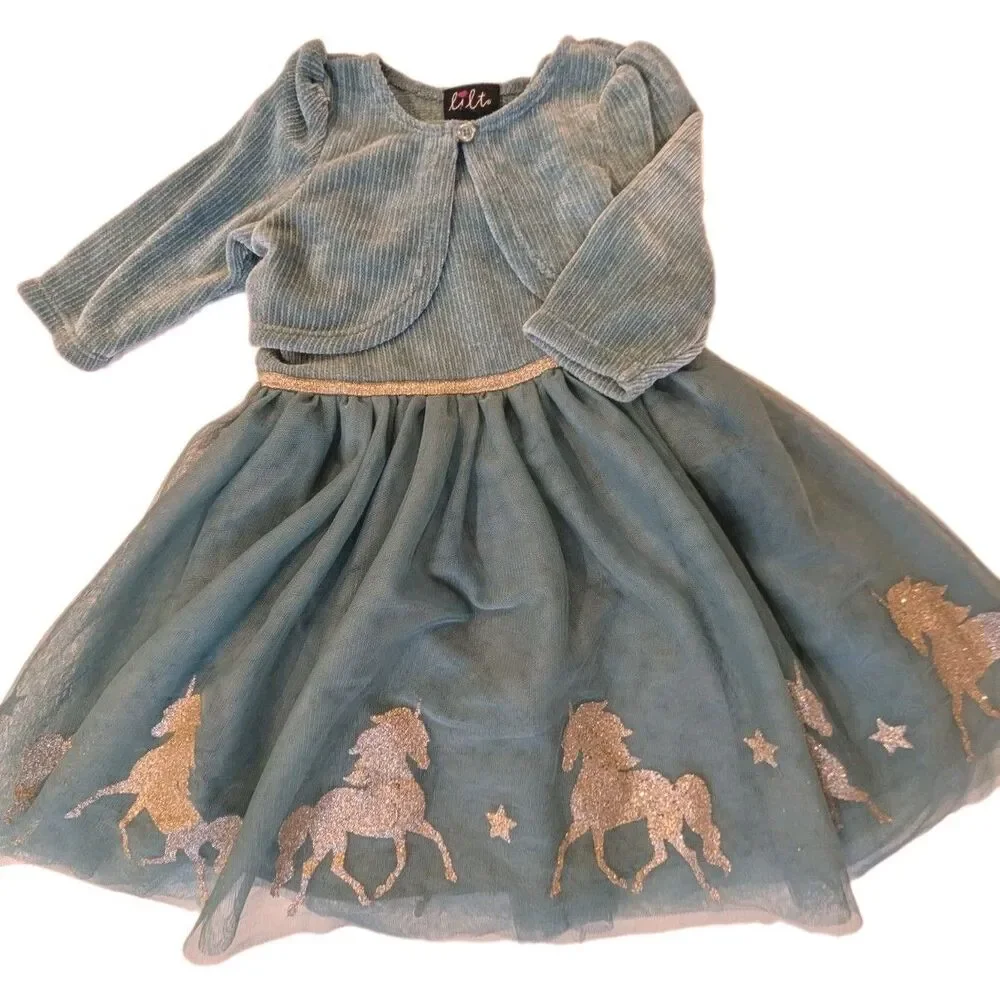 Lilt Brand Light Green Girls 3T Tulle Dress With Unicorns And Crop Sweater